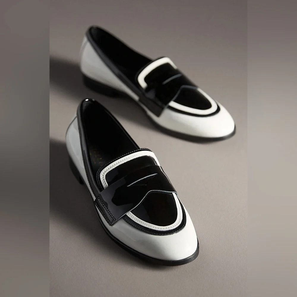 Cecelia New York Kali Black White Patent Leather Mod Academia Loafers 7 - Picture 2 of 8
